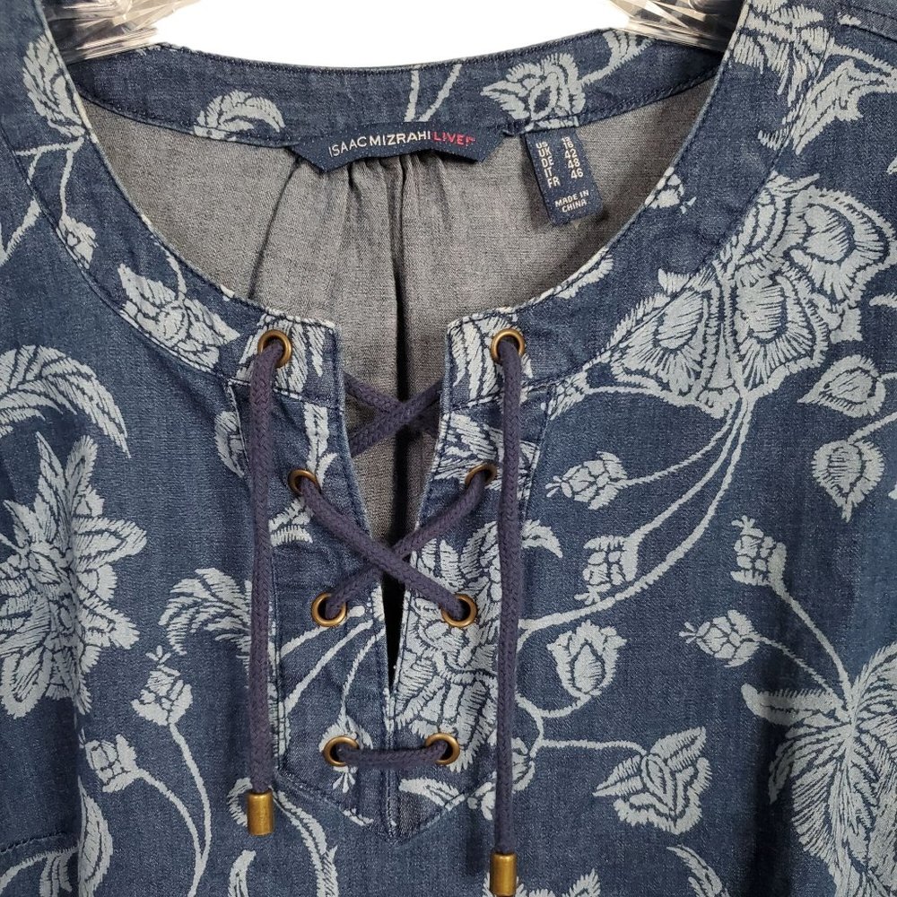 Isaac Mizrahi Live Sz 12 Dress Denim Chambray Floral Print Split Sleeves Lace Up - Picture 14 of 15